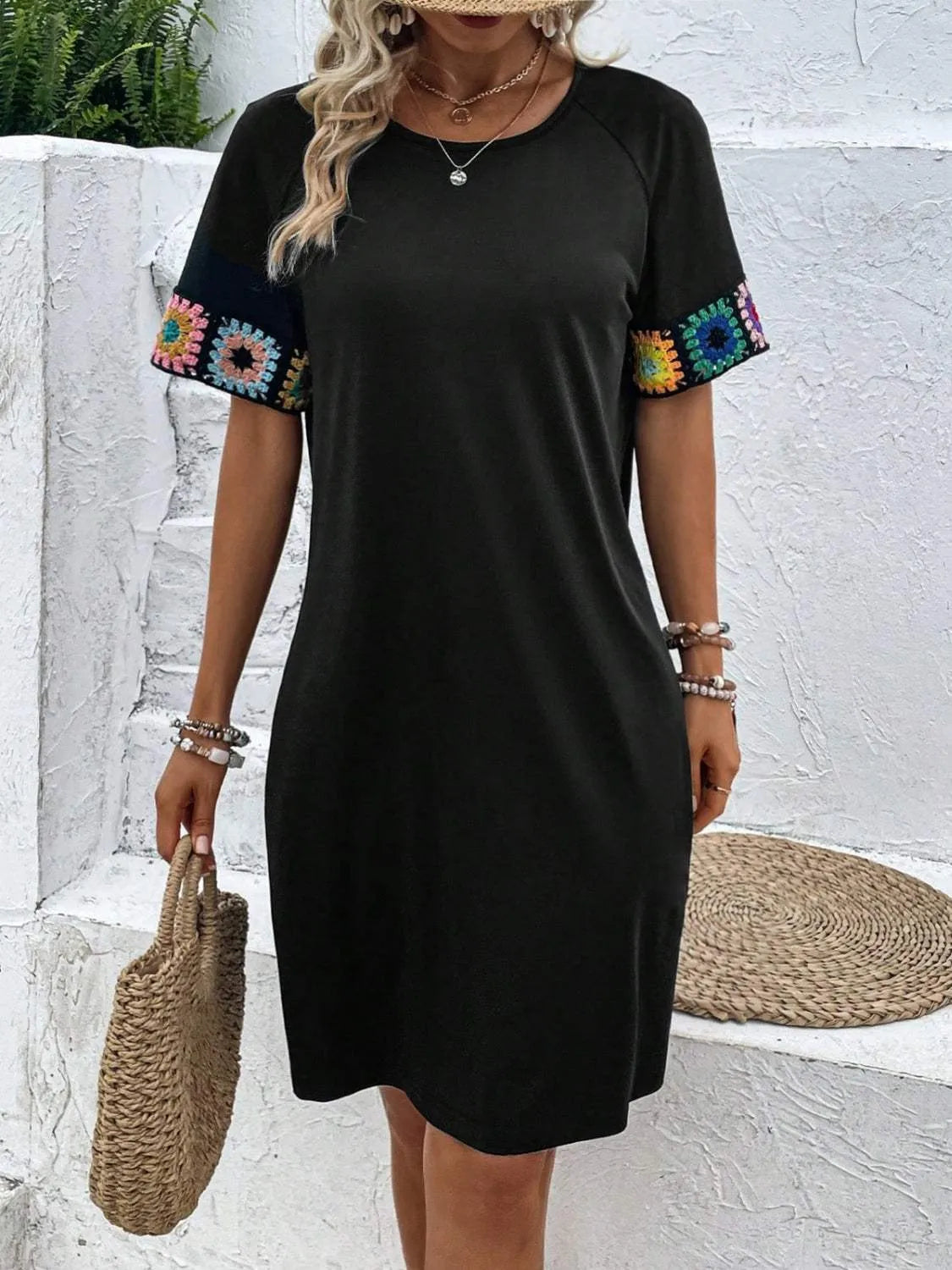 Embroidered Round Neck Short Sleeve Dress Black Casual Dresses - Tophatter Daily Deals