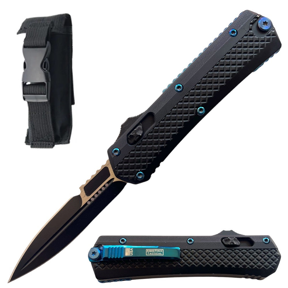 9" Blue Needlepoint Automatic Triple Action Out The Front Knife - TOPHATTER'S ARMORY DEALS Collectible Weapons - Tophatter Daily Deals