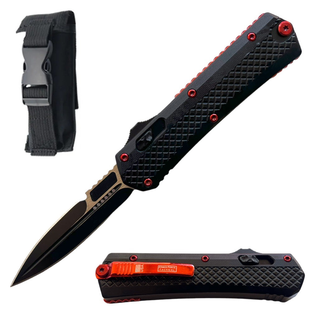 9" Red Needlepoint Automatic Triple Action Out The Front Knife - TOPHATTER'S ARMORY DEALS Collectible Weapons - Tophatter Daily Deals
