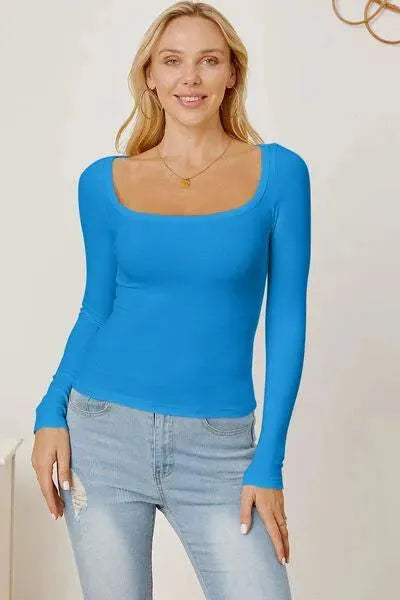 Square Neck Long Sleeve T-Shirt Azure Women's T-Shirts - Tophatter Daily Deals