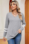 Striped V-Neck Long Sleeve T-Shirt Light Gray Women's T-Shirts - Tophatter Daily Deals