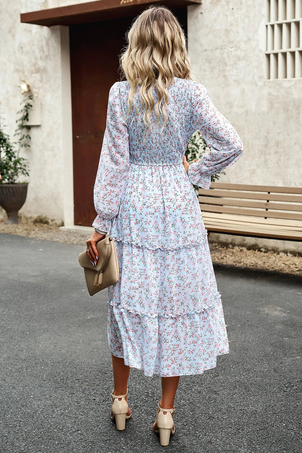 Smocked Flounce Sleeve Midi Dress Casual Dresses - Tophatter Daily Deals