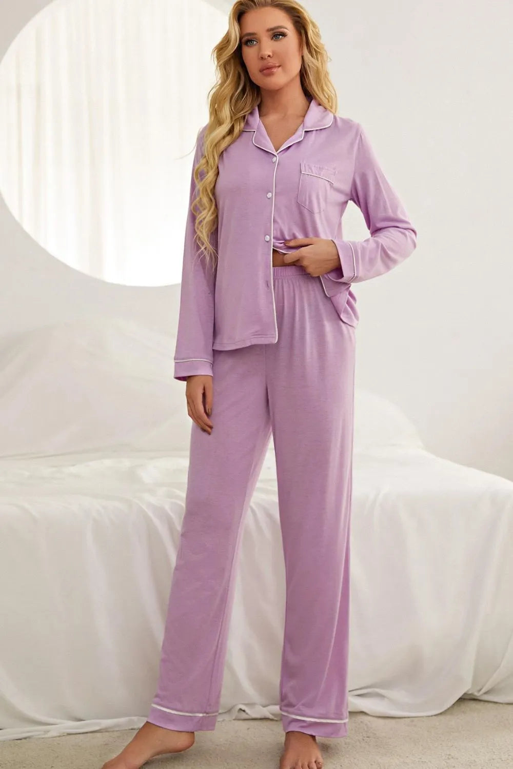 Contrast Piping Button Down Top and Pants Loungewear Set Purple Loungewear Sets - Tophatter Daily Deals