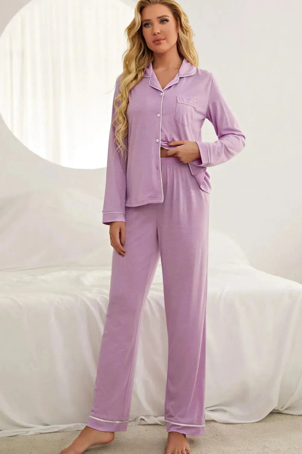 Contrast Piping Button Down Top and Pants Loungewear Set Purple Loungewear Sets - Tophatter Daily Deals