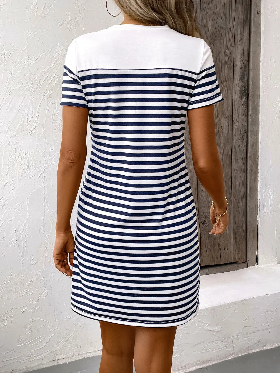 Striped Round Neck Short Sleeve Mini Dress Casual Dresses - Tophatter Daily Deals