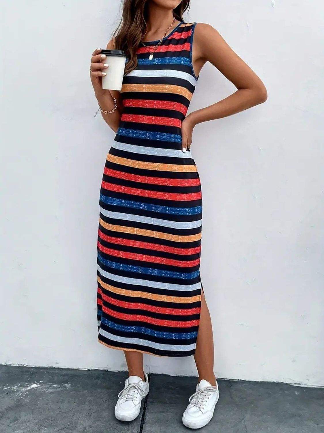 Slit Printed Round Neck Sleeveless Dress Orange-Red Casual Dresses - Tophatter Daily Deals