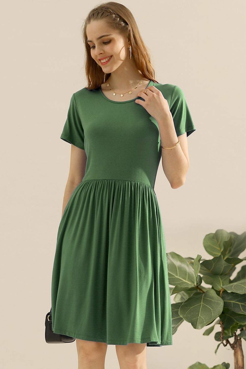 Ninexis Full Size Round Neck Ruched Dress with Pockets OLIVE Cocktail Dresses - Tophatter Daily Deals