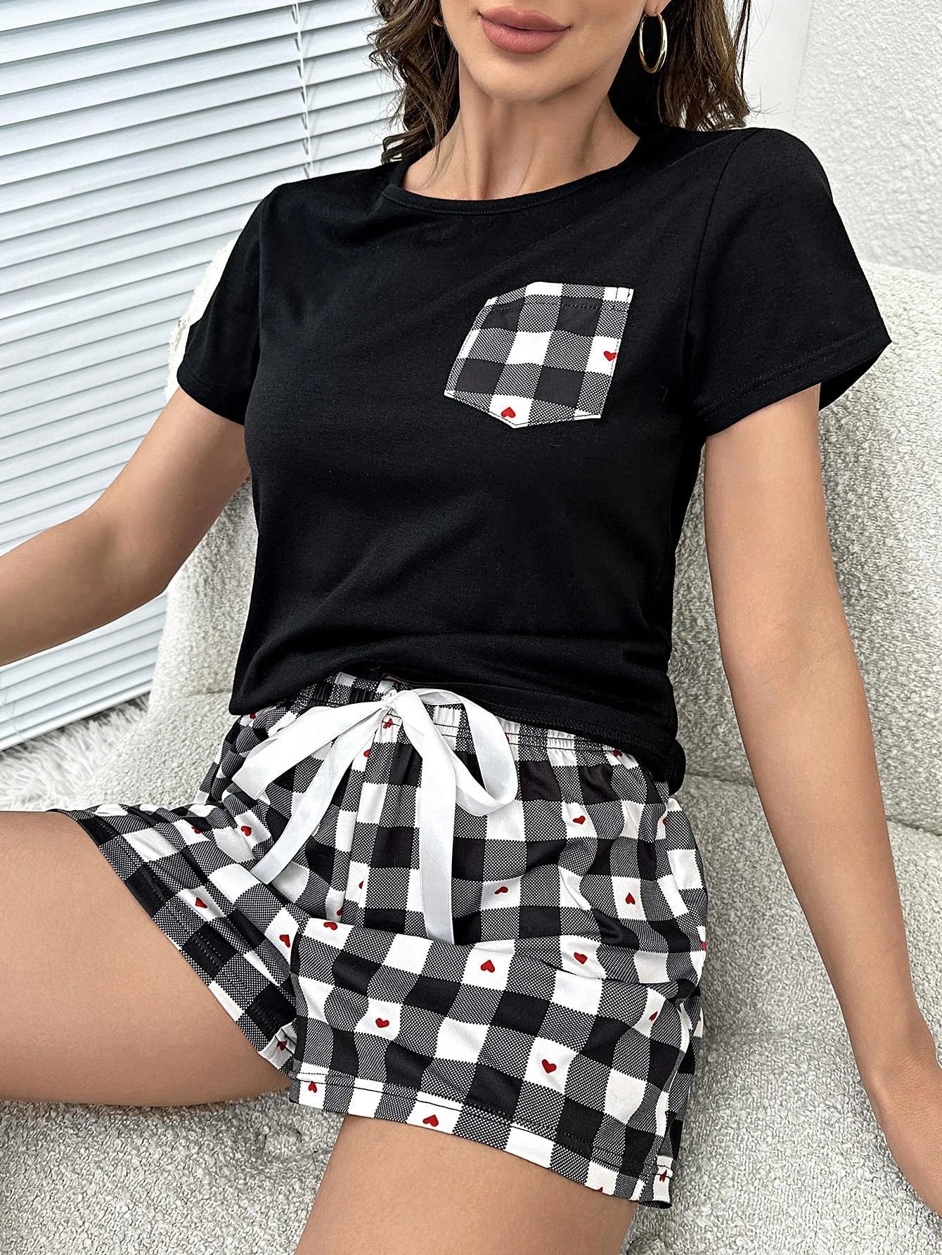 Plaid Heart Top and Shorts Lounge Set Loungewear Sets - Tophatter Daily Deals