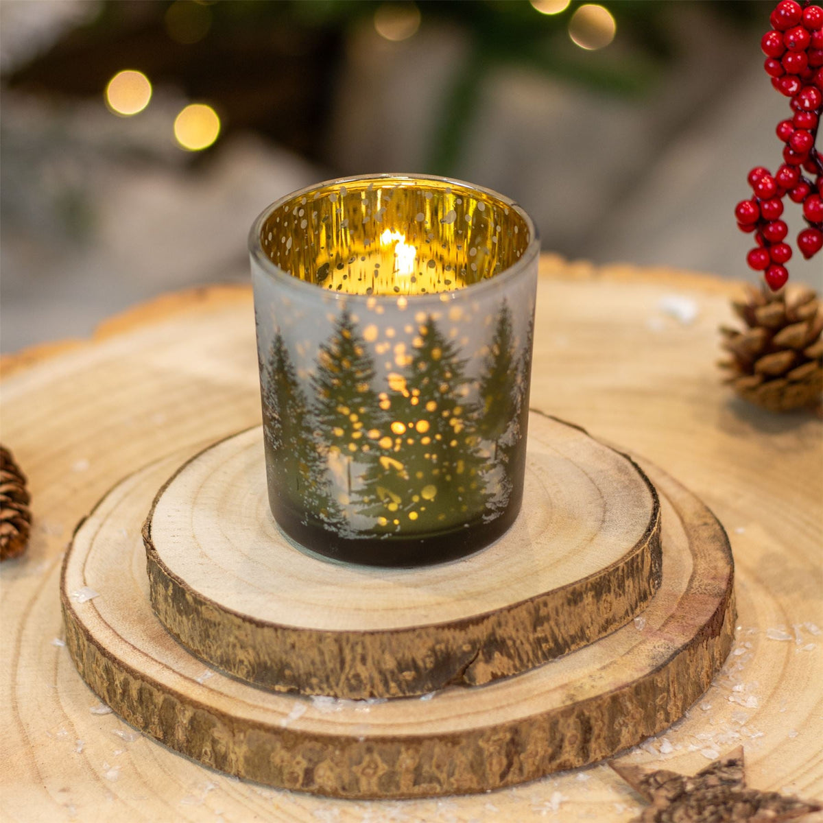 Christmas Forest Tealight Holder | Frosted Glass Xmas Candle Holder - 8cm Candle Holder - Tophatter Daily Deals