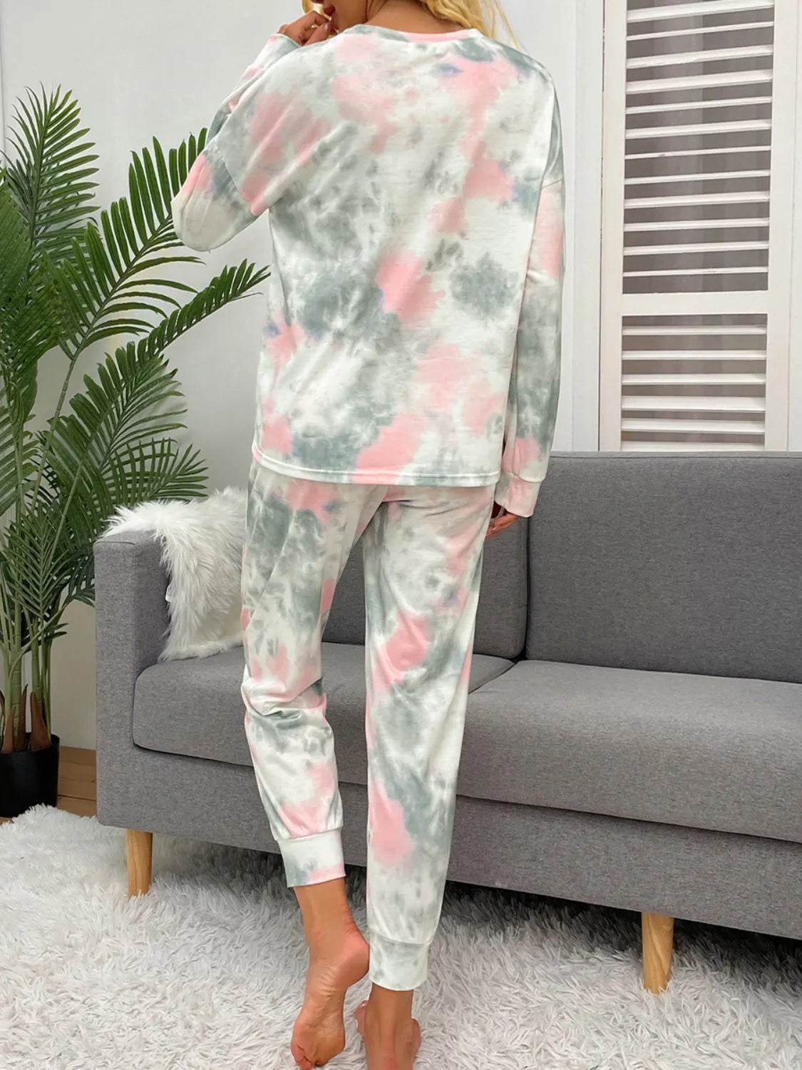 Tie-Dye Round Neck Top and Drawstring Pants Lounge Set Loungewear Sets - Tophatter Daily Deals