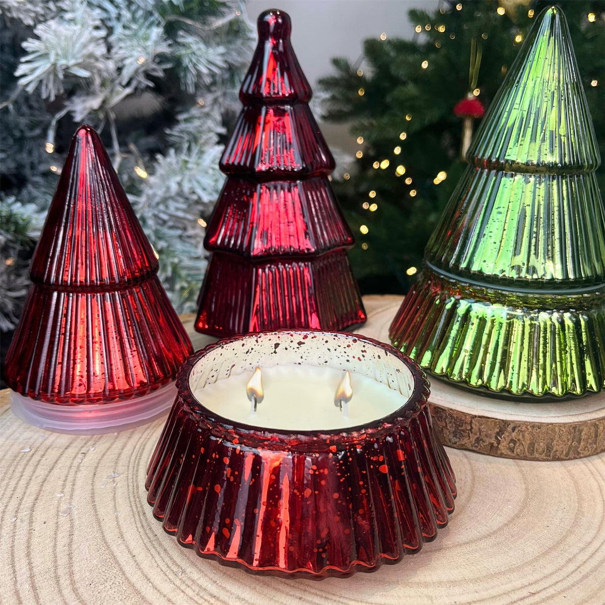 Glass Christmas Tree 2-wick Scented Candle | Christmas Candle Holder - 17cm Scented Candle - Tophatter Daily Deals