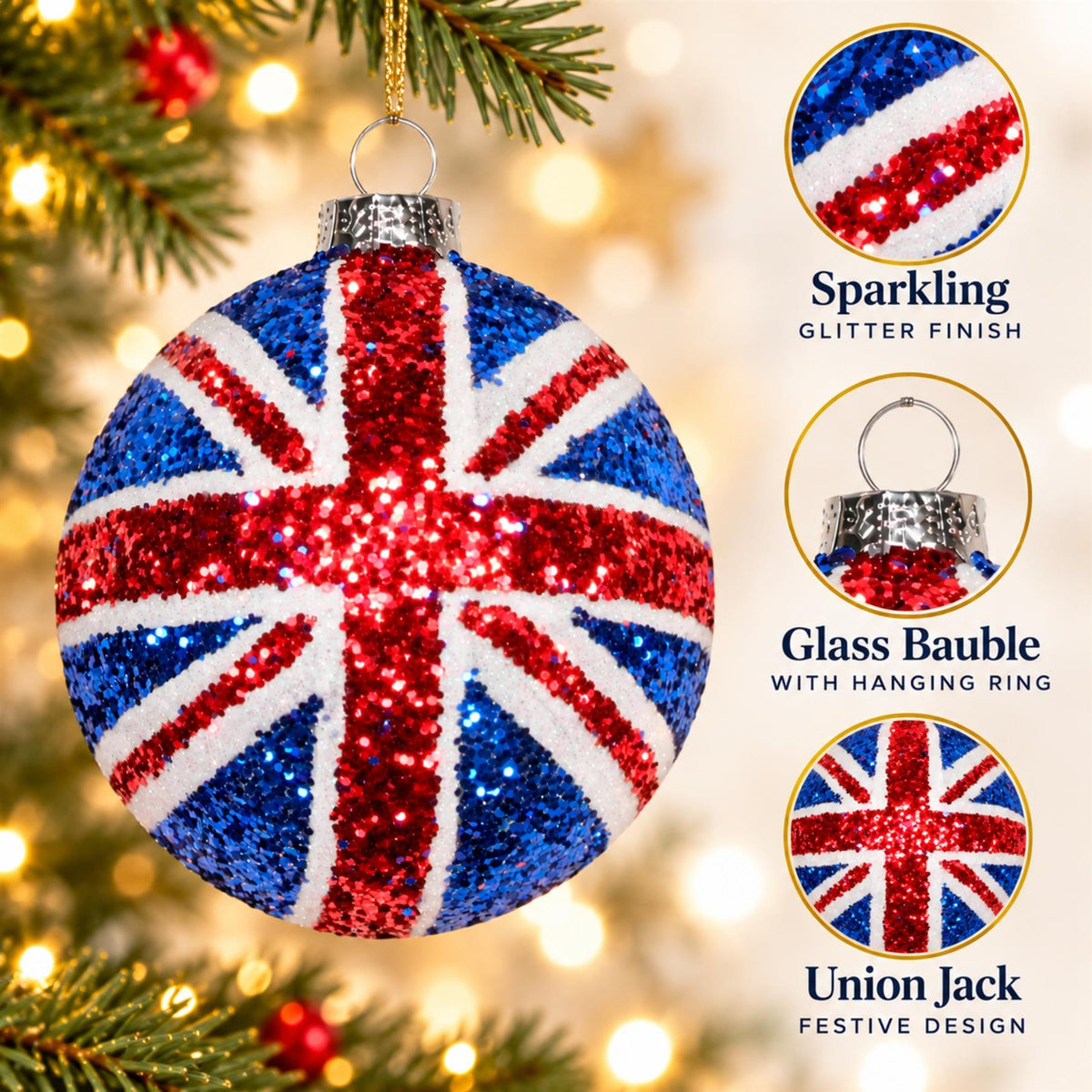 Union Jack Bauble, Gisela Graham Sparkling Union Flag Christmas Decoration 8cm Baubles - Tophatter Daily Deals