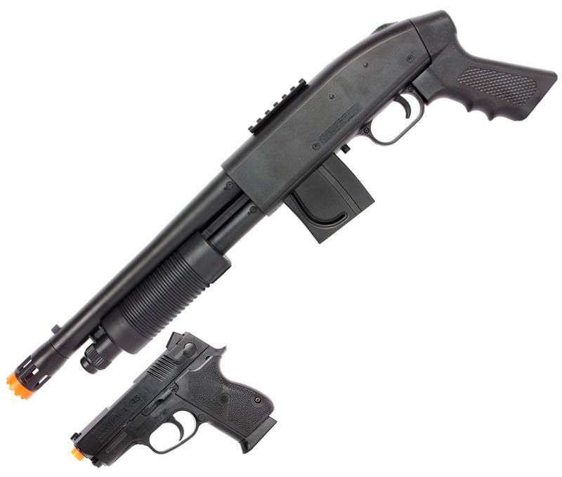 Mossberg 590 Airsoft Pistol Grip Shotgun Kit with Spring .45 Pistol and 500 BBs - TOPHATTER'S ARMORY DEALS Collectible Weapons - Tophatter Daily Deals