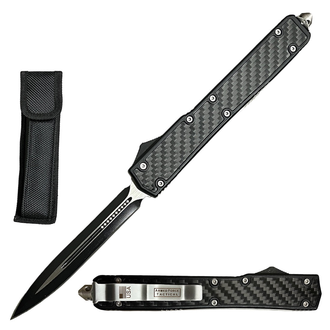 10.5" Carbon Fiber Outlaw OTF Dual Action Black Tactical Automatic Knife - Tophatter's Army Products & Self Defense Collectible Weapons - Tophatter Daily Deals