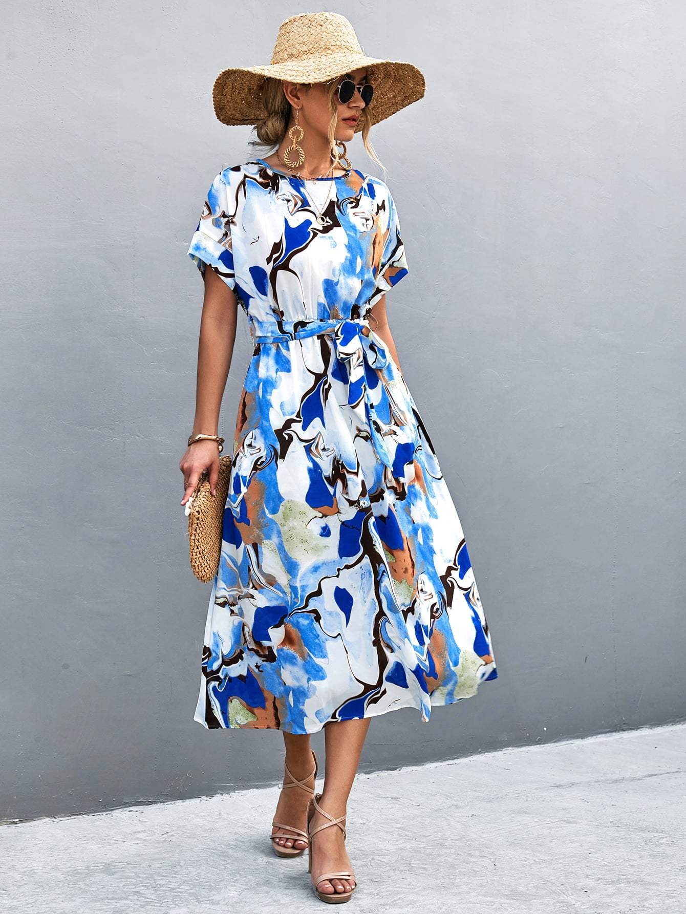 Round Neck Short Sleeve Tie Waist Midi Dress Cobalt Blue Casual Dresses - Tophatter Daily Deals