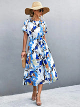 Round Neck Short Sleeve Tie Waist Midi Dress Cobalt Blue Casual Dresses - Tophatter Daily Deals