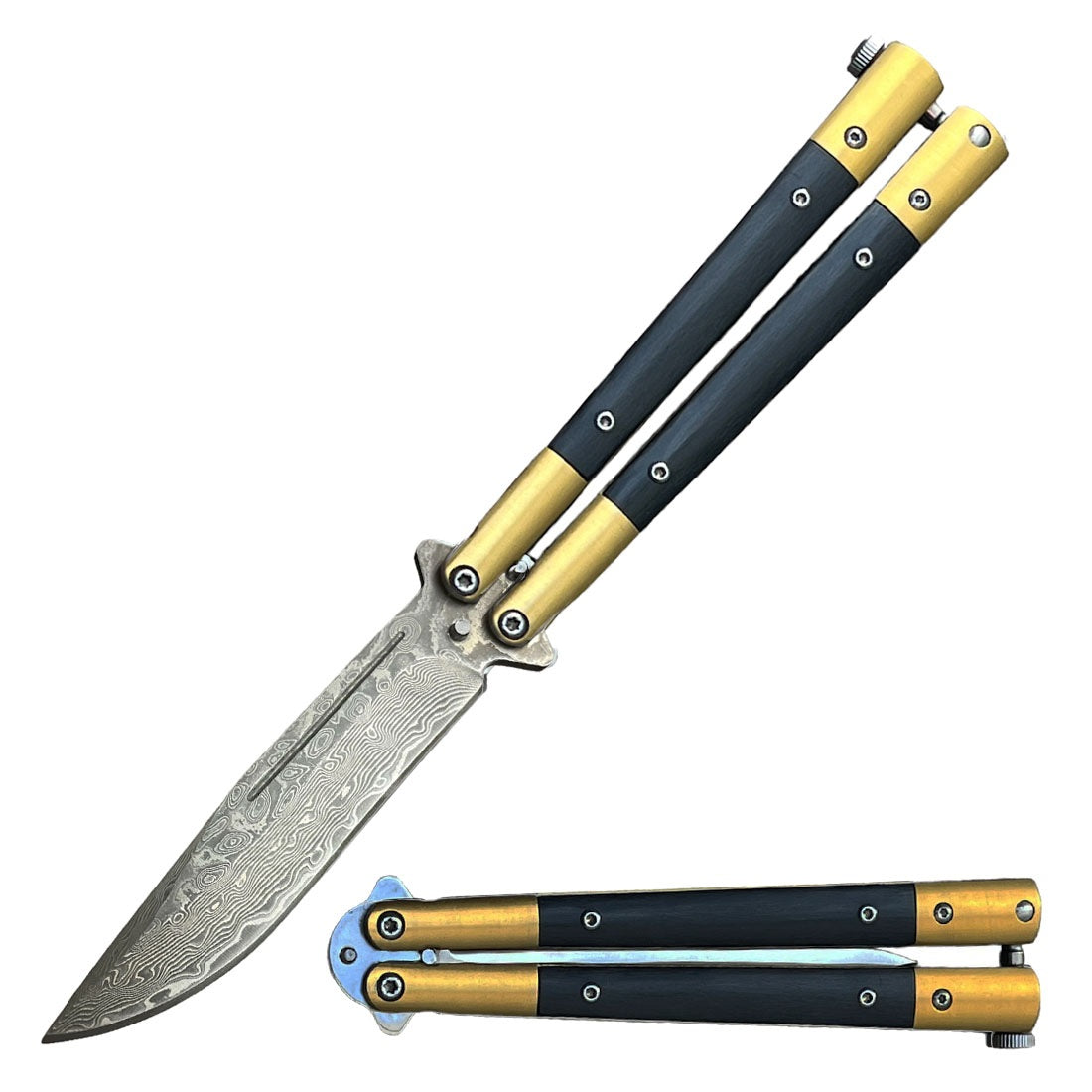 Damascus Blade Butterfly Golden Balisong Knife Flipper - TOPHATTER'S ARMORY DEALS Collectible Weapons - Tophatter Daily Deals