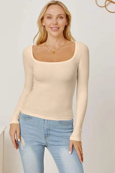 Square Neck Long Sleeve T-Shirt Beige Women's T-Shirts - Tophatter Daily Deals