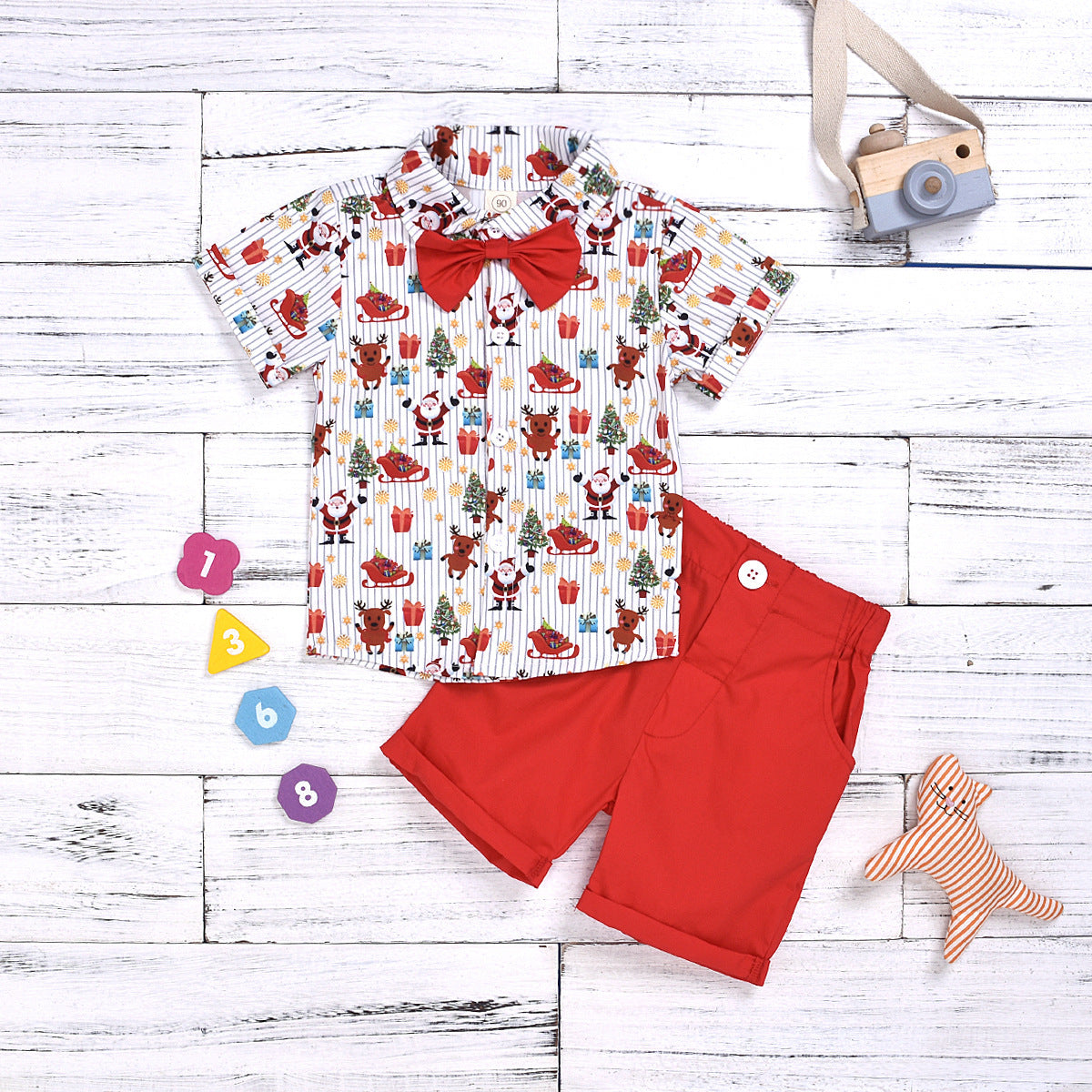 boy clothing set bow christmas print Red 0 - Tophatter Daily Deals