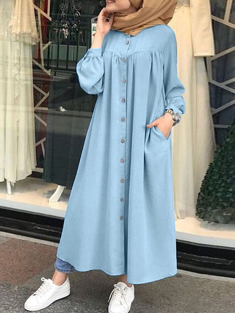 Solid Color Stand Collar Button Down Front Leisure Loose Pockets Women Maxi Dress Maxi Dresses - Tophatter Daily Deals