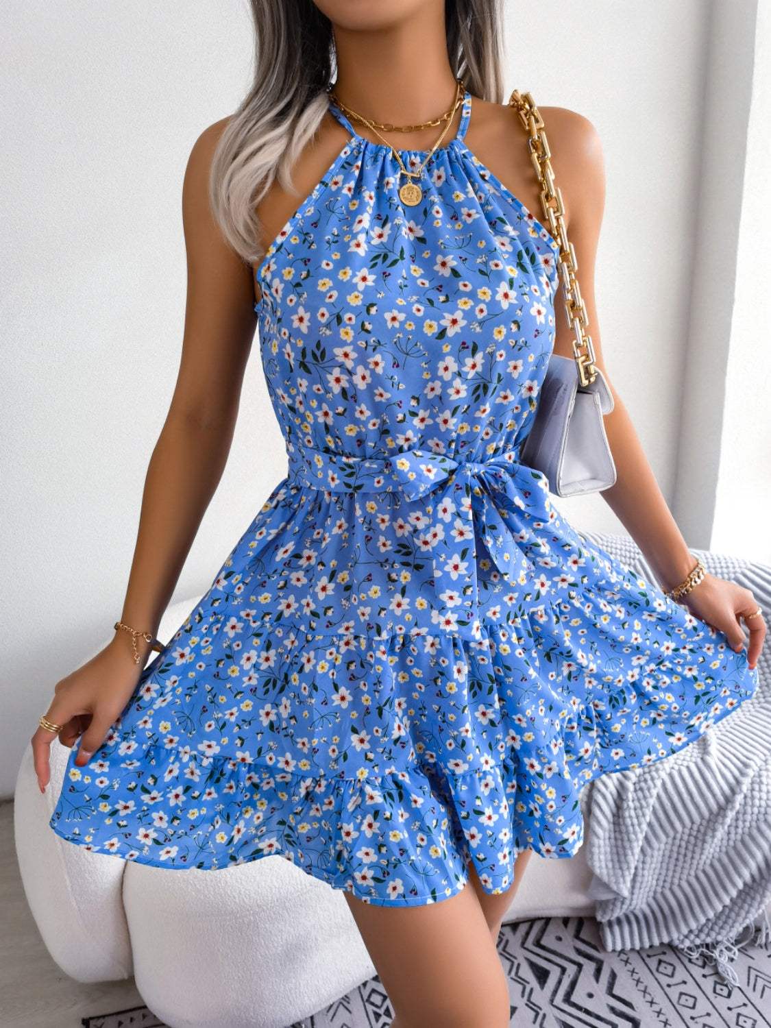 Tied Printed Grecian Neck Mini Dress Casual Dresses - Tophatter Daily Deals