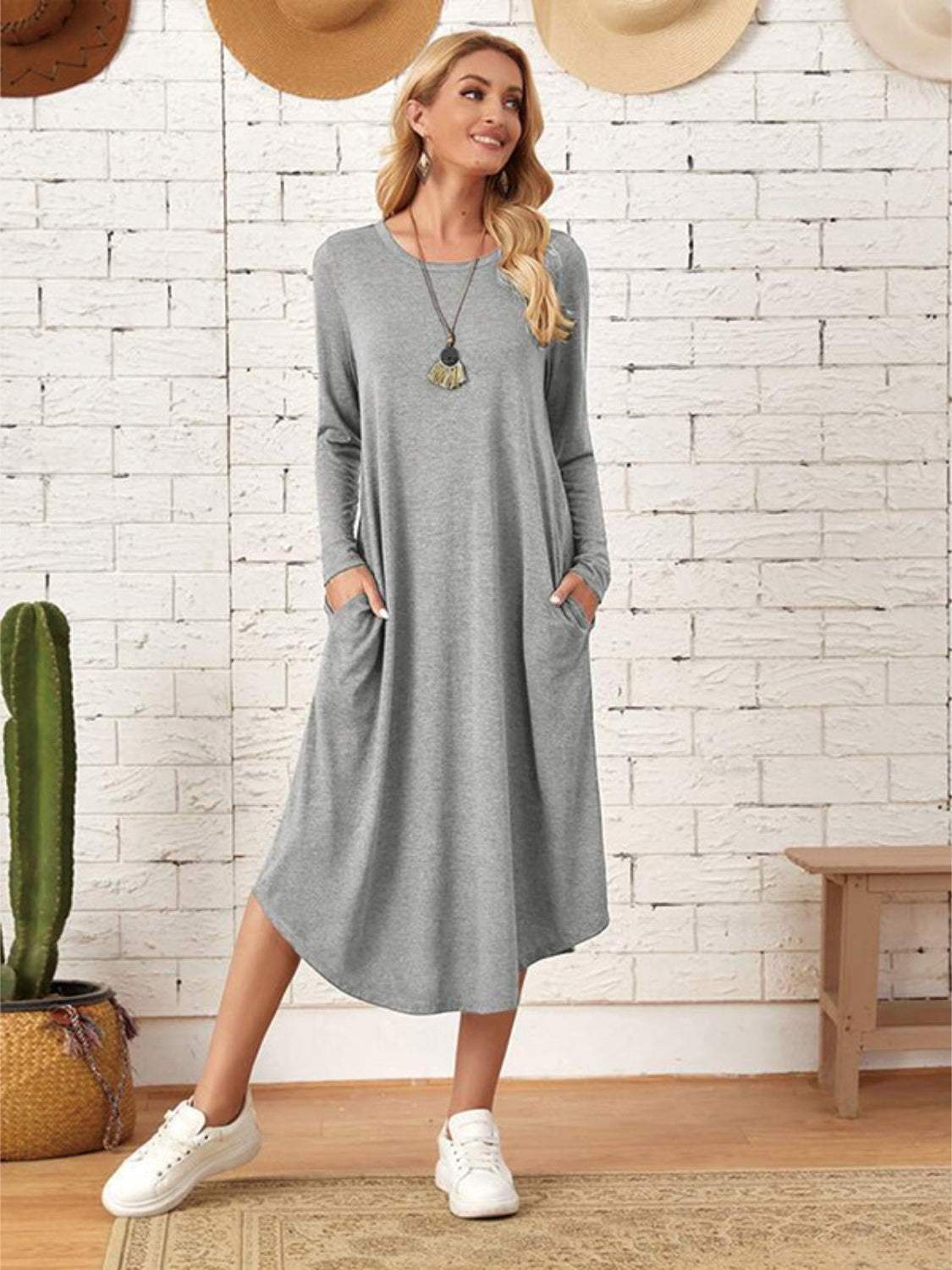 Pocketed Round Neck Long Sleeve Tee Dress Heather Gray Casual Dresses - Tophatter Daily Deals