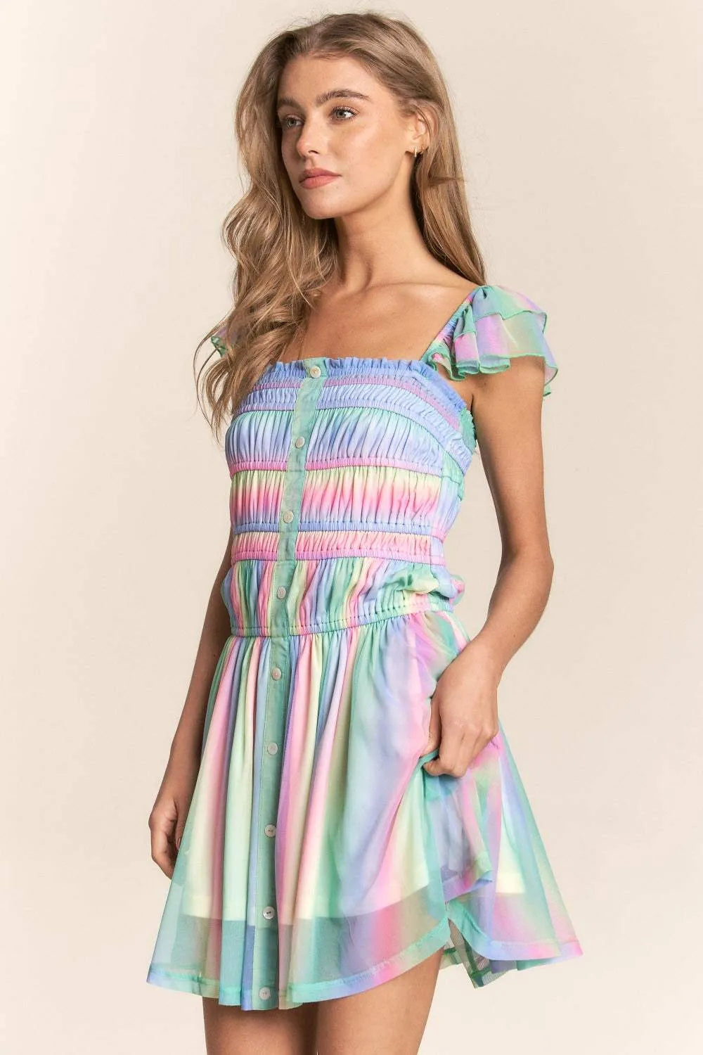 J.NNA Rainbow Smocked Mini Mesh Dress Casual Dresses - Tophatter Daily Deals