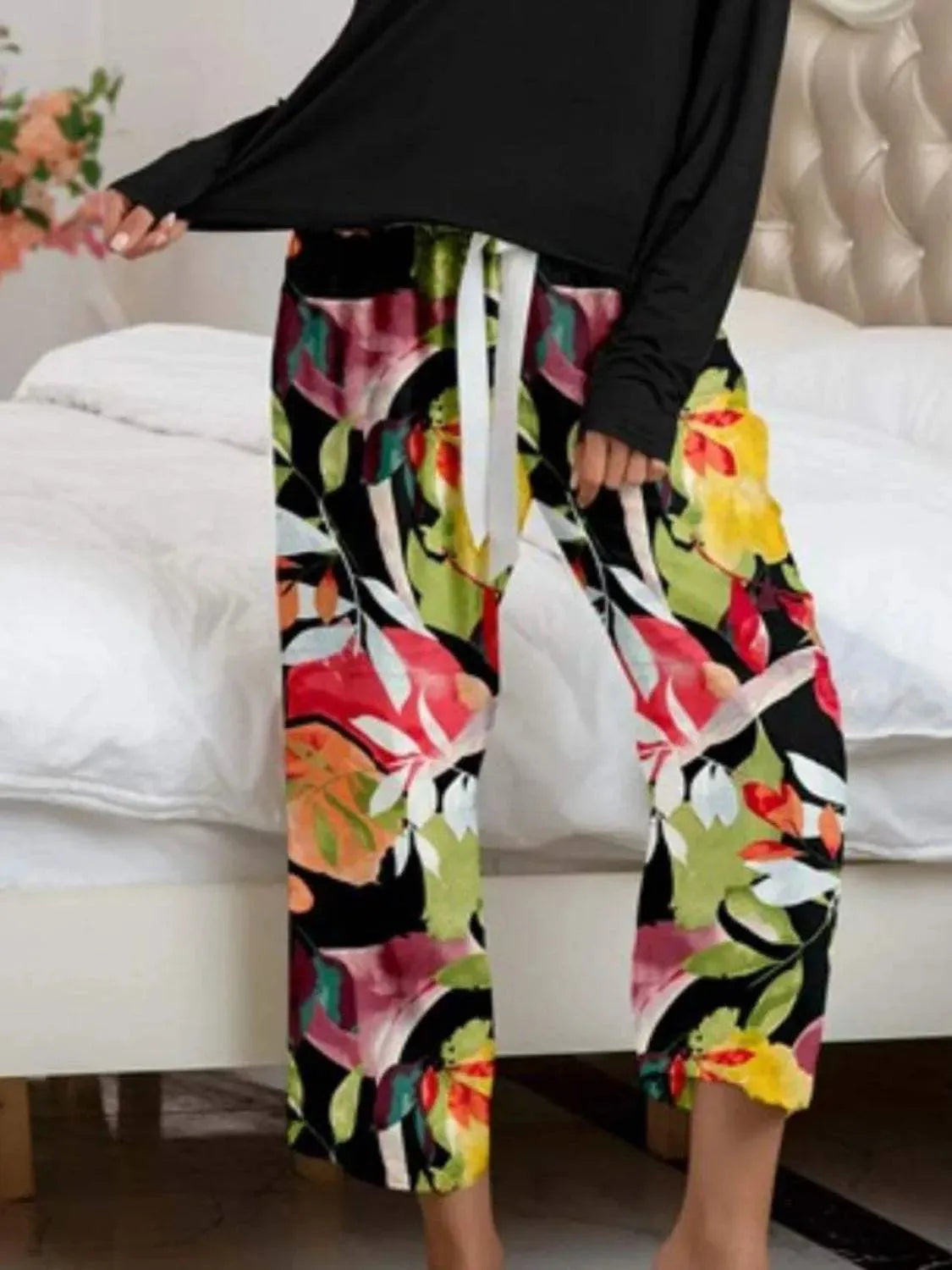 Round Neck Top and Printed Pants Lounge Set Loungewear Sets - Tophatter Daily Deals