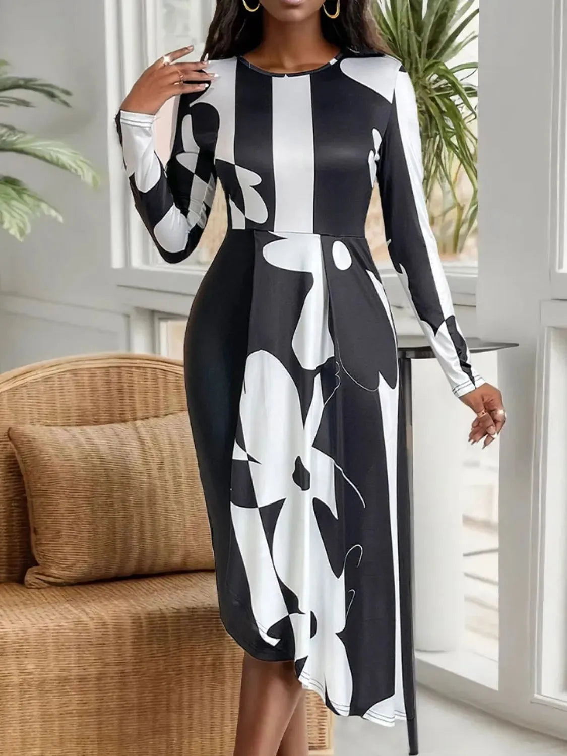 Asymmetrical Slit Round Neck Long Sleeve Midi Dress Black Casual Dresses - Tophatter Daily Deals