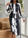 Asymmetrical Slit Round Neck Long Sleeve Midi Dress Black Casual Dresses - Tophatter Daily Deals