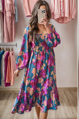 Square Neck Balloon Sleeve Midi Dress Hot Pink Casual Dresses - Tophatter Daily Deals
