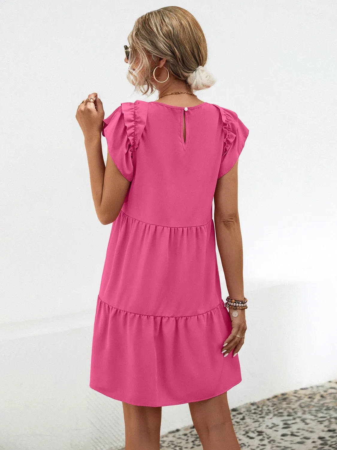 Ruffled Round Neck Cap Sleeve Mini Dress Casual Dresses - Tophatter Daily Deals