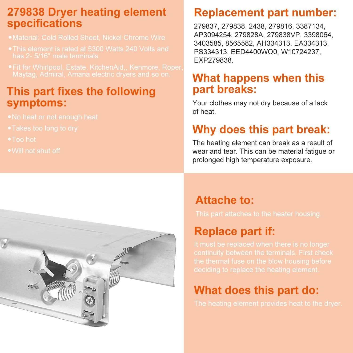 279838 Dryer Heating Element Assembly Replacement Part Everything Else - Tophatter Daily Deals
