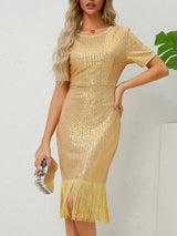 Tassel Sequin Short Sleeve Dress Mustard Cocktail Dresses - Tophatter Daily Deals