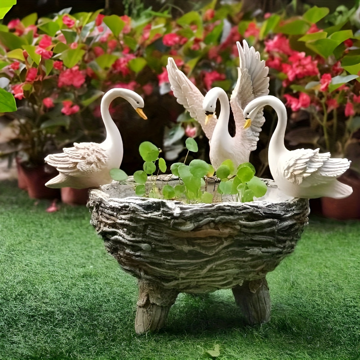 Swan Resin Flower Pot with Rattan Accent Home & Garden > Artificial Plants > Pots, Planters & Accessories - Tophatter Daily Deals