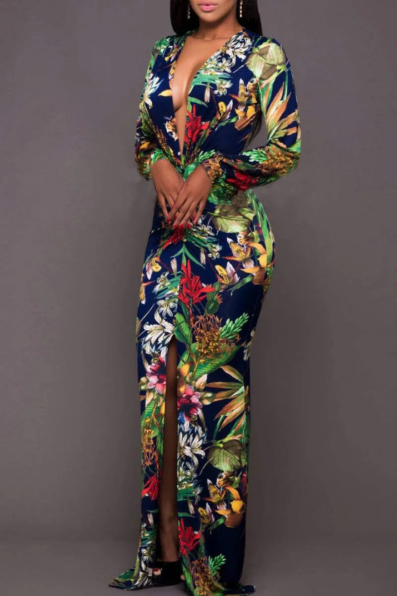 Printed Plunge Neck Leg Split Maxi Dress Cocktail Dresses - Tophatter Daily Deals