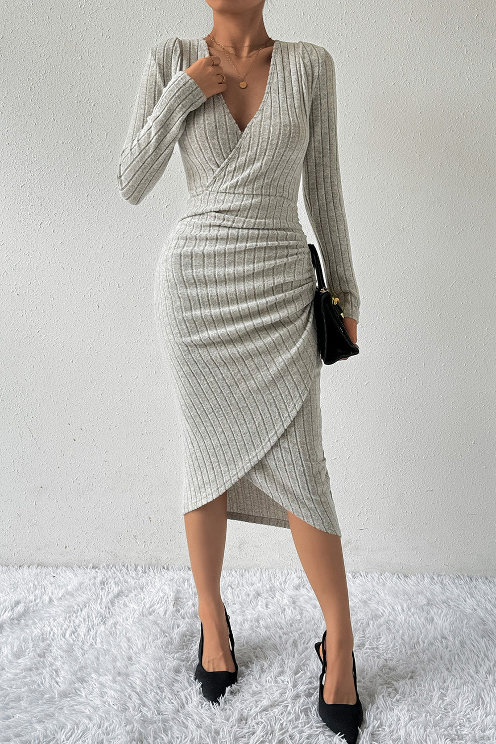 Ribbed Surplice Long Sleeve Midi Dress - Tophatter Deals