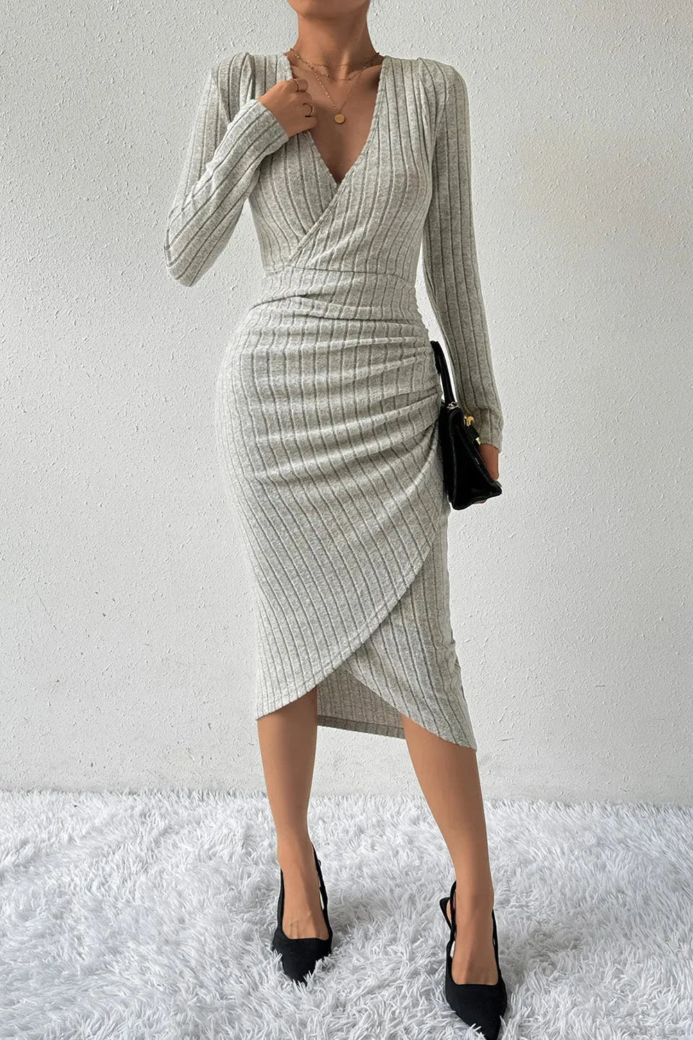 Ribbed Surplice Long Sleeve Midi Dress Light Gray Cocktail Dresses - Tophatter Daily Deals
