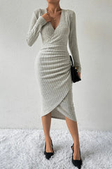 Ribbed Surplice Long Sleeve Midi Dress Light Gray Cocktail Dresses - Tophatter Daily Deals