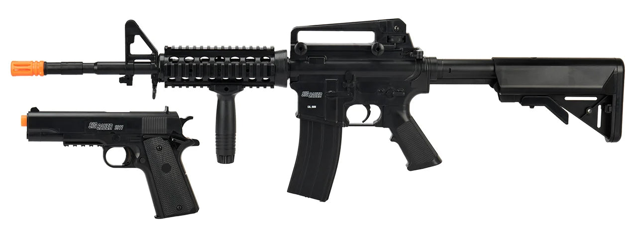 Sig Sauer Patrol Kit With Spring Pistol And M4 AEG Airsoft Rifle 7500 BBs Included (Black) - Tophatter Daily Deals