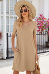 Pocketed Square Neck Short Sleeve Dress Tan Casual Dresses - Tophatter Daily Deals