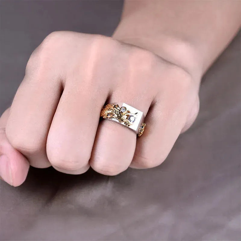 New Men's Domineering Dragon Pattern Two-color Zircon Rhinestone Ring Fashion Punk Hip Hop Bracelets - Tophatter Daily Deals