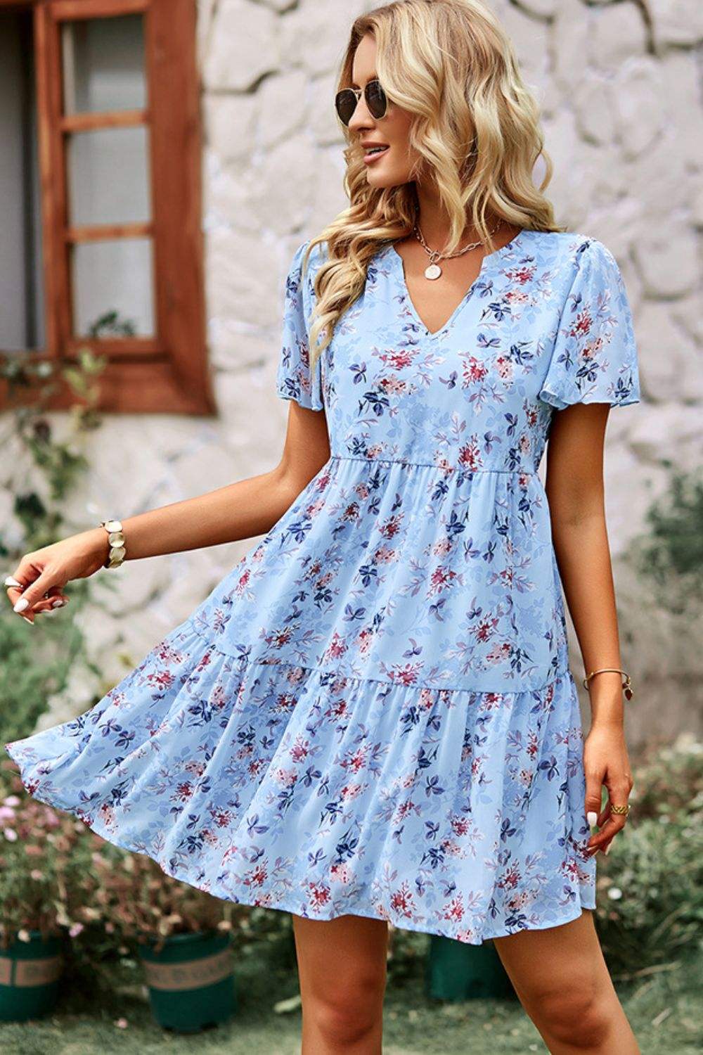 Floral Notched Flutter Sleeve Mini Dress Casual Dresses - Tophatter Daily Deals