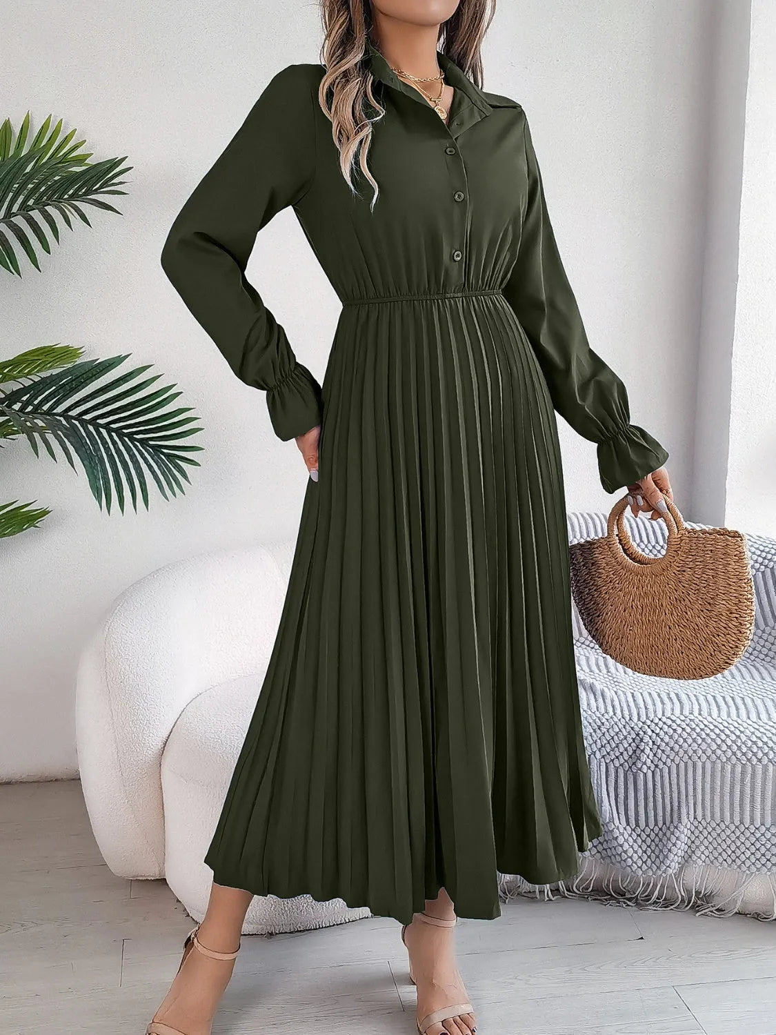 Pleated Half Button Long Sleeve Midi Dress Casual Dresses - Tophatter Daily Deals