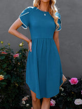 Round Neck Petal Sleeve Dress Peacock Blue Casual Dresses - Tophatter Daily Deals