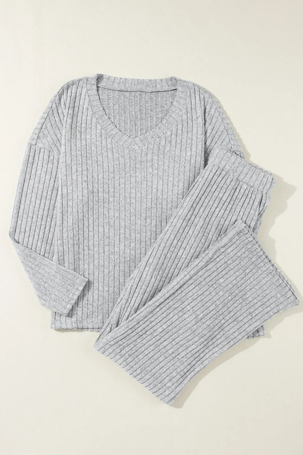 Light Grey Ribbed Knit V Neck Slouchy Two-piece Outfit Loungewear & Sleepwear/Loungewear - Tophatter Daily Deals