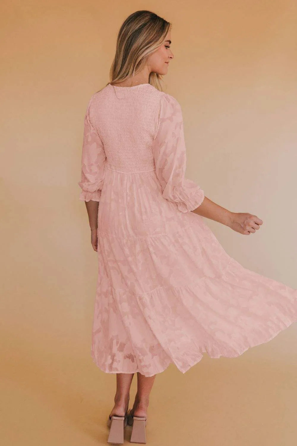 Smocked V-Neck Flounce Sleeve Dress Casual Dresses - Tophatter Daily Deals