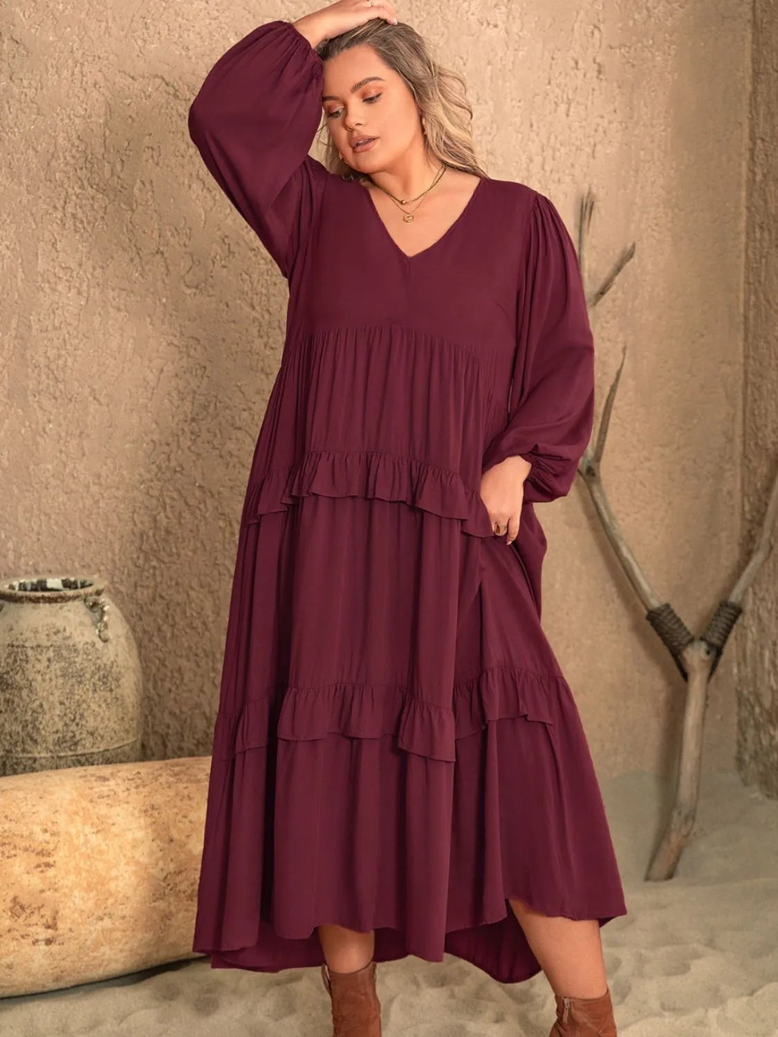 Plus Size Ruffled V-Neck Long Sleeve Dress Burgundy Casual Dresses - Tophatter Daily Deals