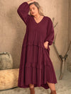 Plus Size Ruffled V-Neck Long Sleeve Dress Burgundy Casual Dresses - Tophatter Daily Deals