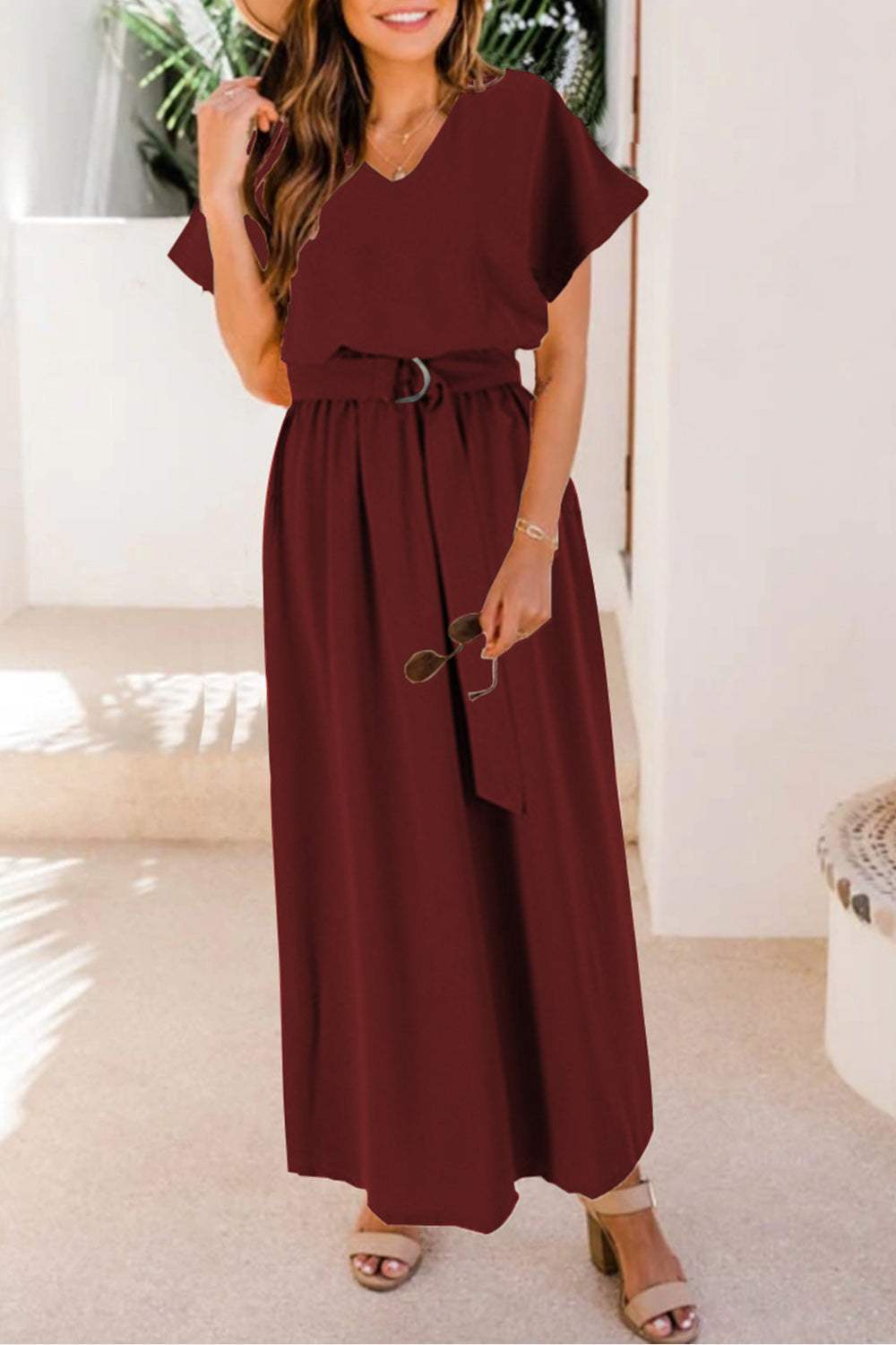 Ruched V-Neck Cap Sleeve Dress Wine Casual Dresses - Tophatter Daily Deals